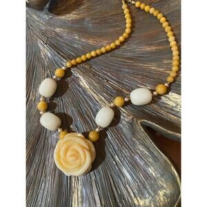 Lee Sands Carved Yellow Stone Flower Beaded Necklace